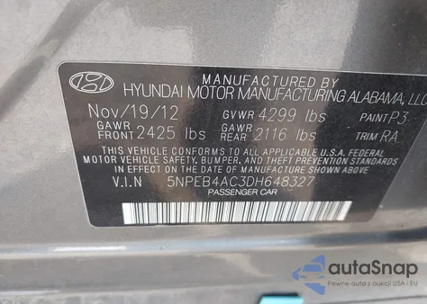 2013 Hyundai Sonata Gls from USA, damaged, VIN 5NPEB4AC3DH648327